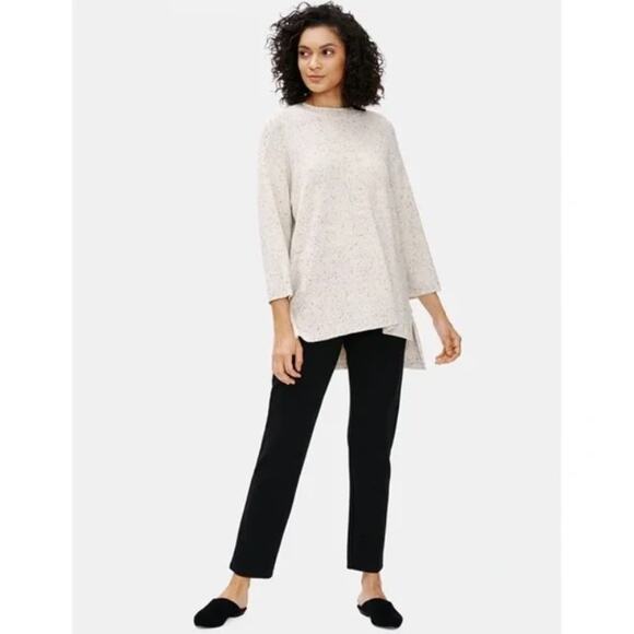 Eileen Fisher Ribbed Cream Speckled Cotton Crew Neck Tunic Sweater Large - Picture 2 of 8